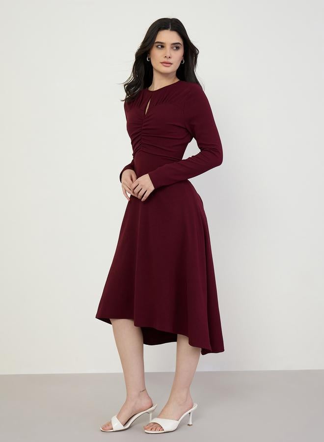 Styli Women Burgundy Long Sleeves A-Line Midi Dress - Image 1